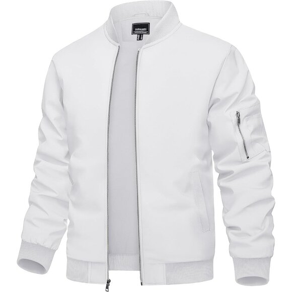 Men's #01 White Bomber Jacket Coat Lightweight Casual Windbreaker Zip Up Pocket